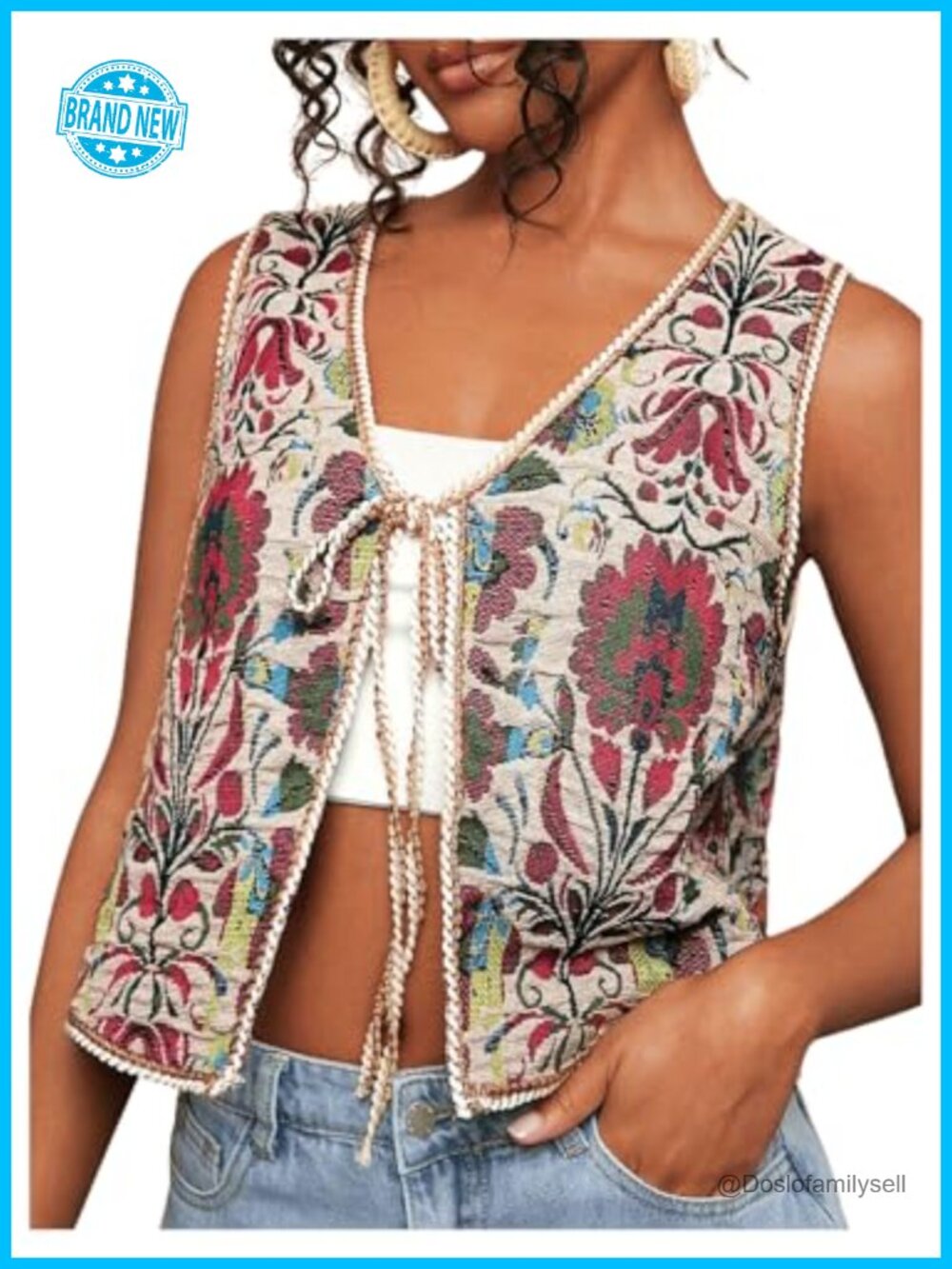 GORGLITTER Women's Western Floral Boho Vest Sleeveless Tie Front Country